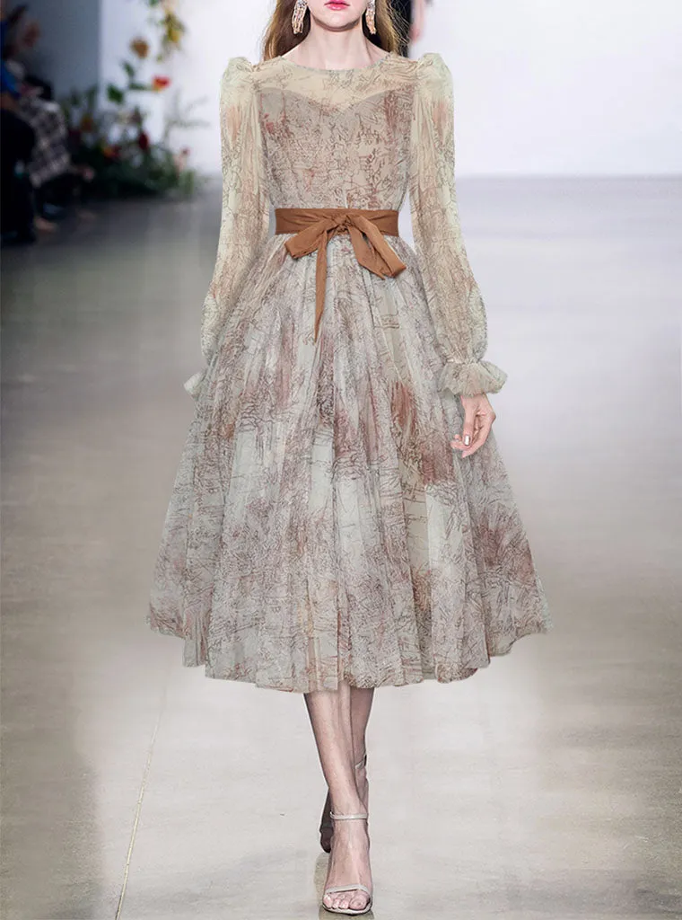 Retro Palace Puffed Sleeves Lace Tulle Print Vintage Swing Dress