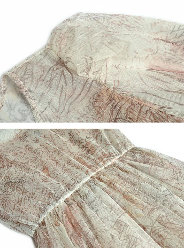 Retro Palace Puffed Sleeves Lace Tulle Print Vintage Swing Dress