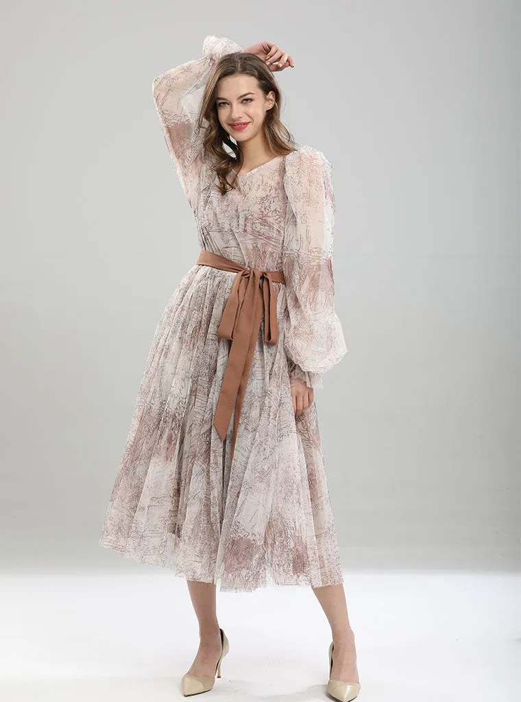 Retro Palace Puffed Sleeves Lace Tulle Print Vintage Swing Dress