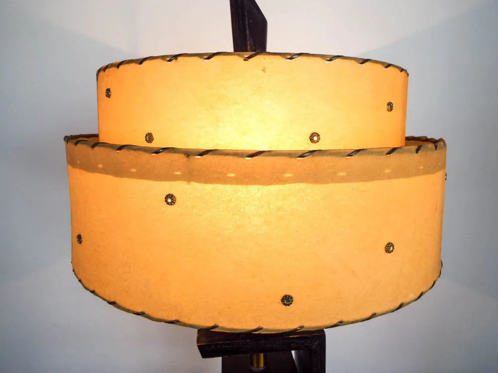 Retro Wooden Mid Century Table Lamp with Western Hide Shade