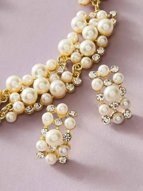 Rhinestone and Pearl Bridal 3 PC Jewelry Set, Gold Earrings and Necklace Fashion Statement Jewelry Set