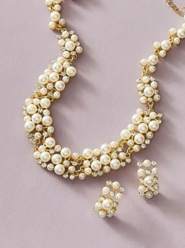 Rhinestone and Pearl Bridal 3 PC Jewelry Set, Gold Earrings and Necklace Fashion Statement Jewelry Set
