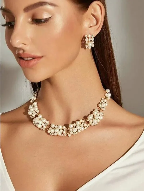 Rhinestone and Pearl Bridal 3 PC Jewelry Set, Gold Earrings and Necklace Fashion Statement Jewelry Set
