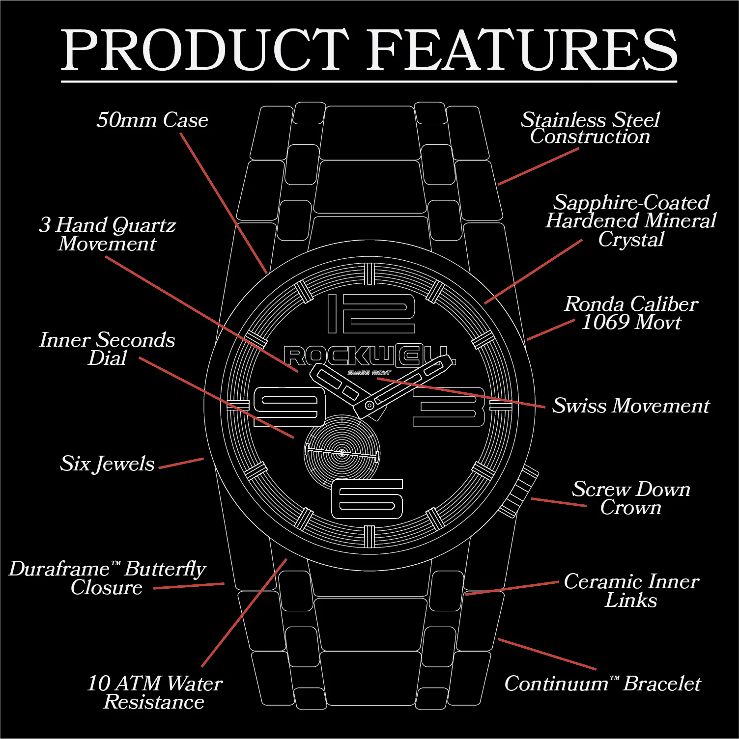 ROCKWELL THE 50mm WATCH SILVER BLACK CERAMIC