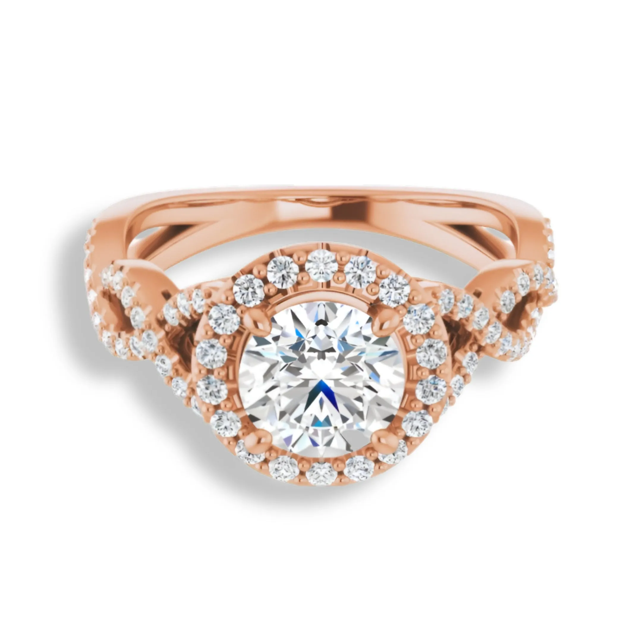 Round Diamond Halo Engagement Ring With Open Twist Band