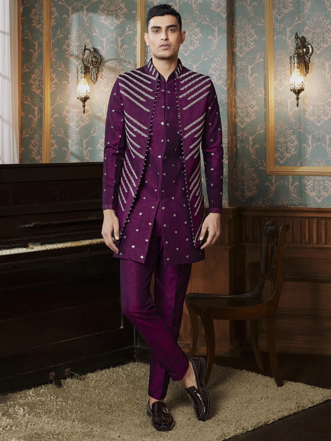 Royal Wine Hue Embroidered Indo Western set