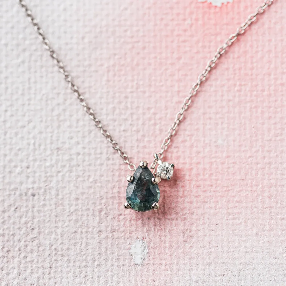 Sapphire Pear Necklace with Diamond in 14k White Gold