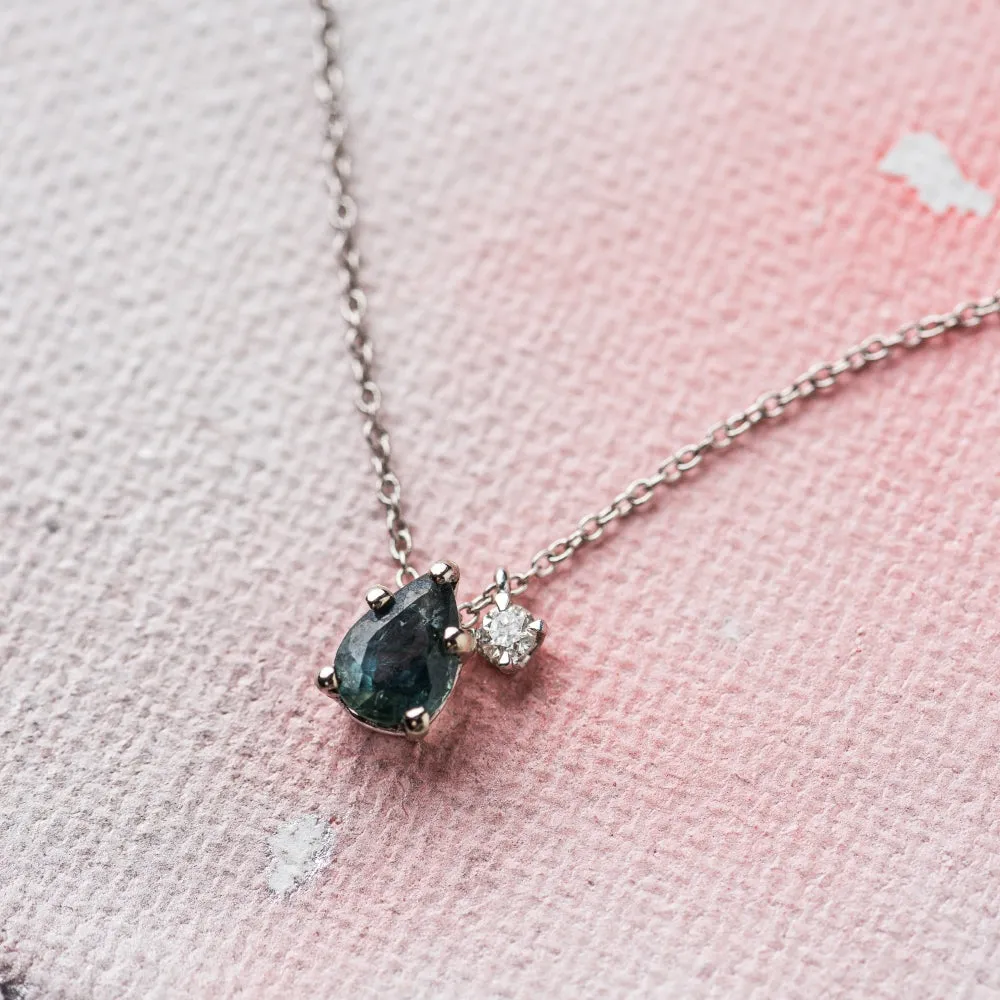 Sapphire Pear Necklace with Diamond in 14k White Gold