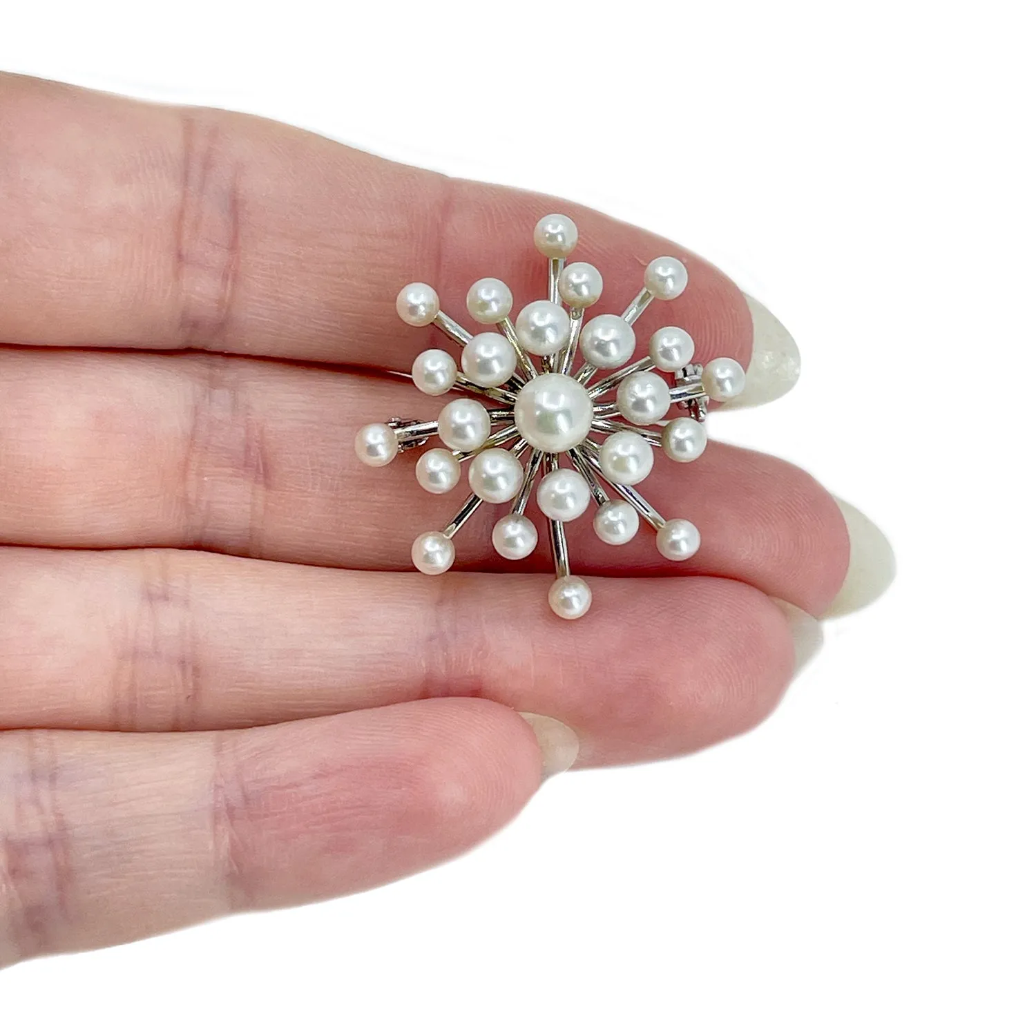 Snowflake Burst Japanese Saltwater Akoya Vintage Cultured Pearl Brooch Pendant- Sterling Silver