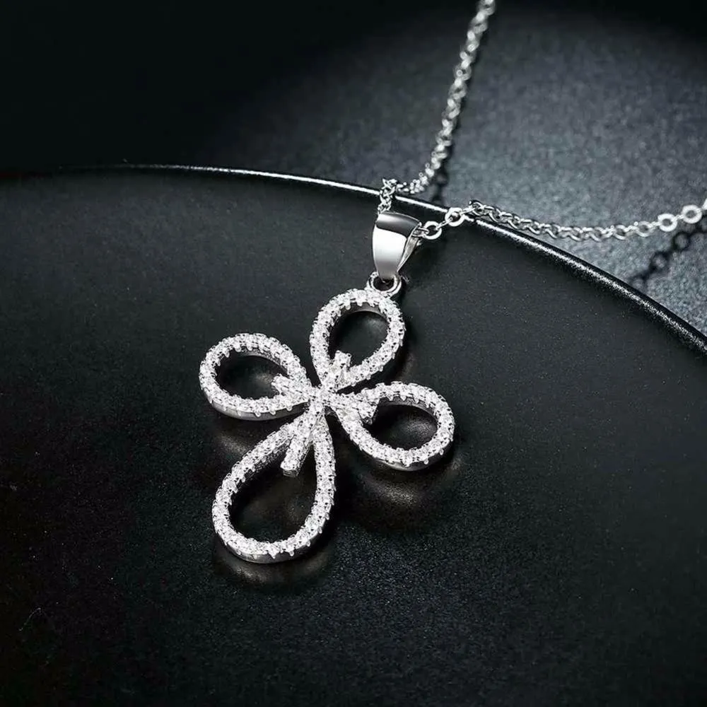 Solid Women’s 925 Sterling Silver Necklace with Cross Pattern CZ Pendant, Fashion Wedding Jewelry for Females, Trendy Pendant Necklace