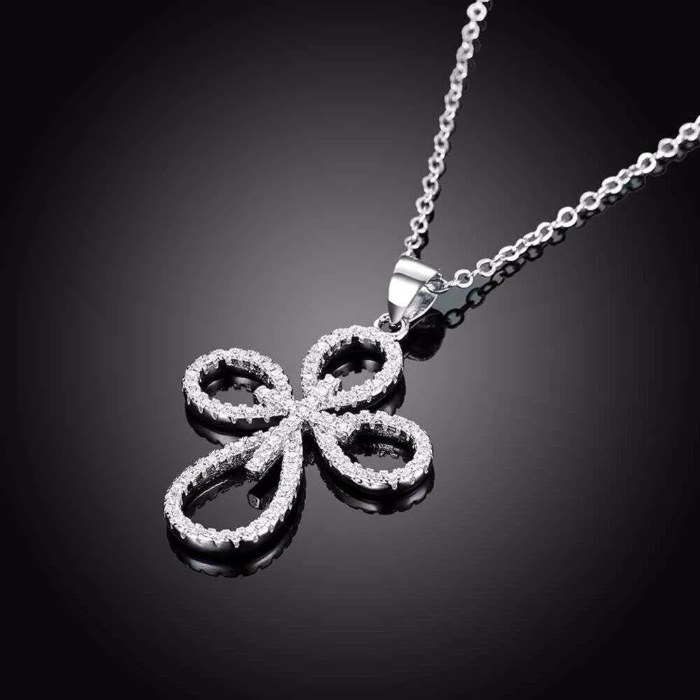 Solid Women’s 925 Sterling Silver Necklace with Cross Pattern CZ Pendant, Fashion Wedding Jewelry for Females, Trendy Pendant Necklace
