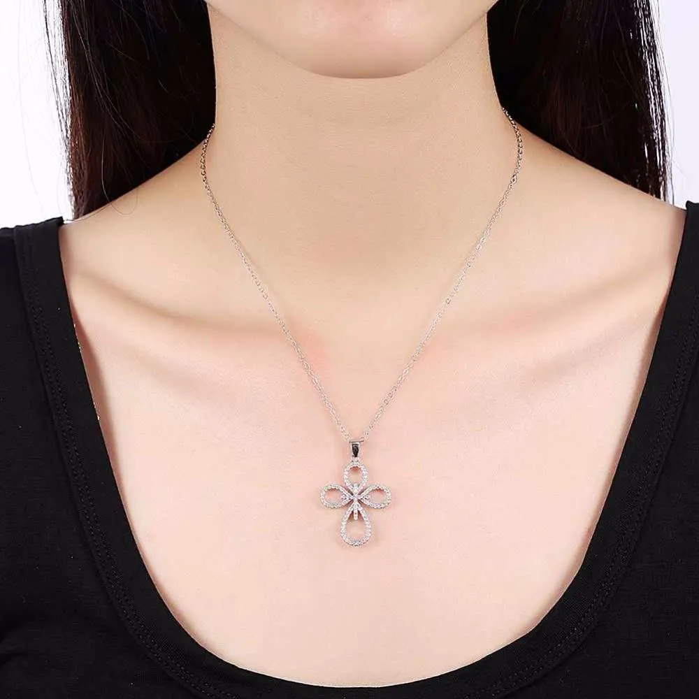 Solid Women’s 925 Sterling Silver Necklace with Cross Pattern CZ Pendant, Fashion Wedding Jewelry for Females, Trendy Pendant Necklace