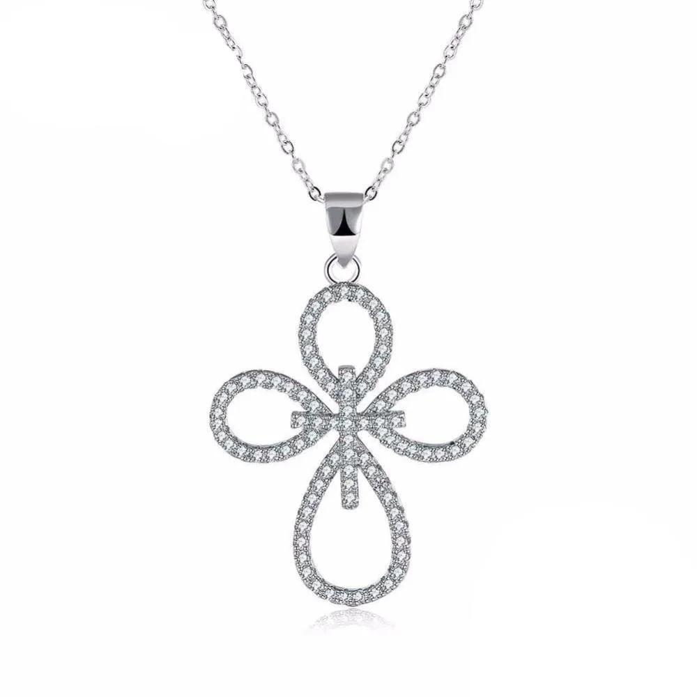 Solid Women’s 925 Sterling Silver Necklace with Cross Pattern CZ Pendant, Fashion Wedding Jewelry for Females, Trendy Pendant Necklace
