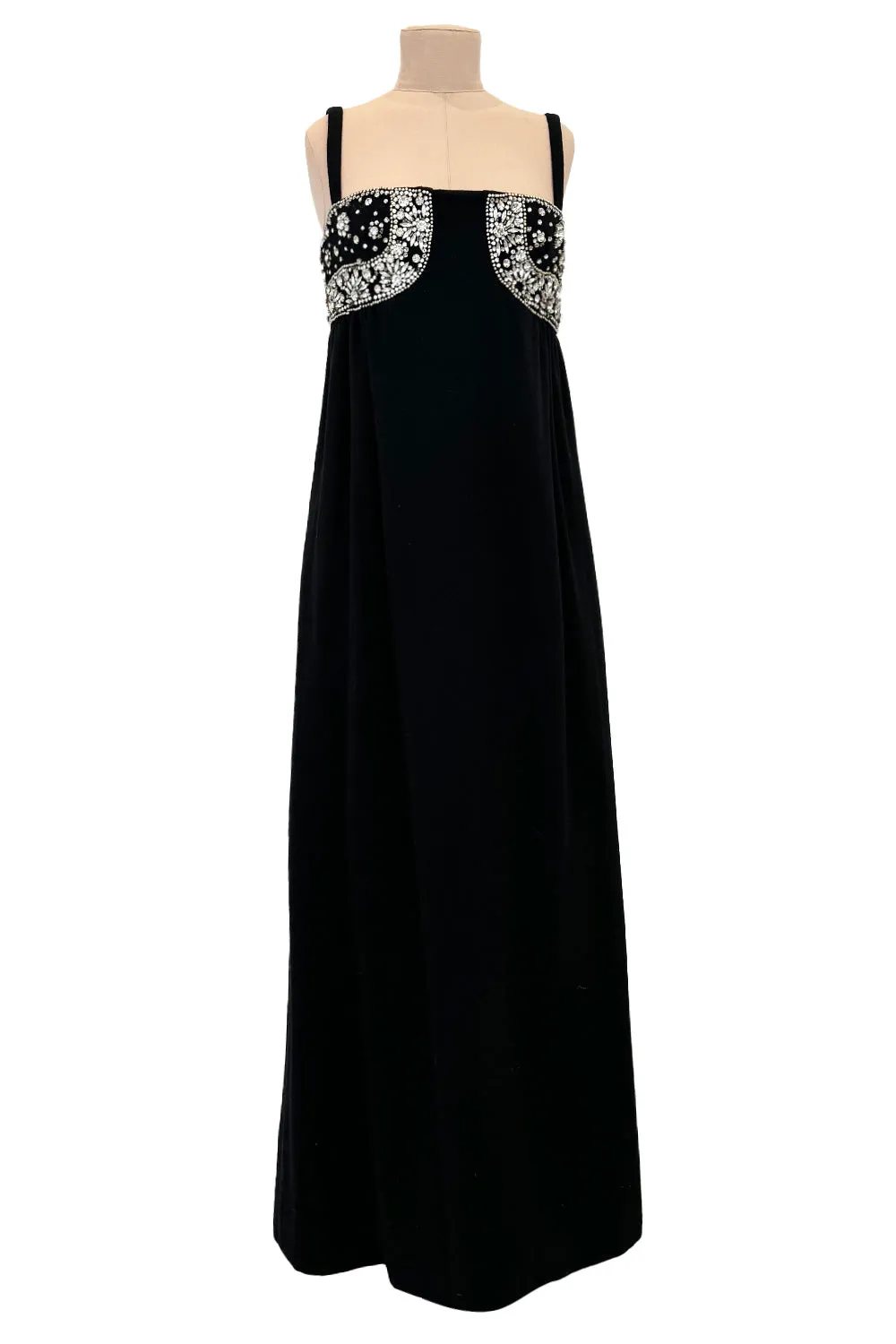 Sophisticated 1960s Donald Brooks Fine  Black Wool Crepe Dress w Elaborate Rhinestone Detailing