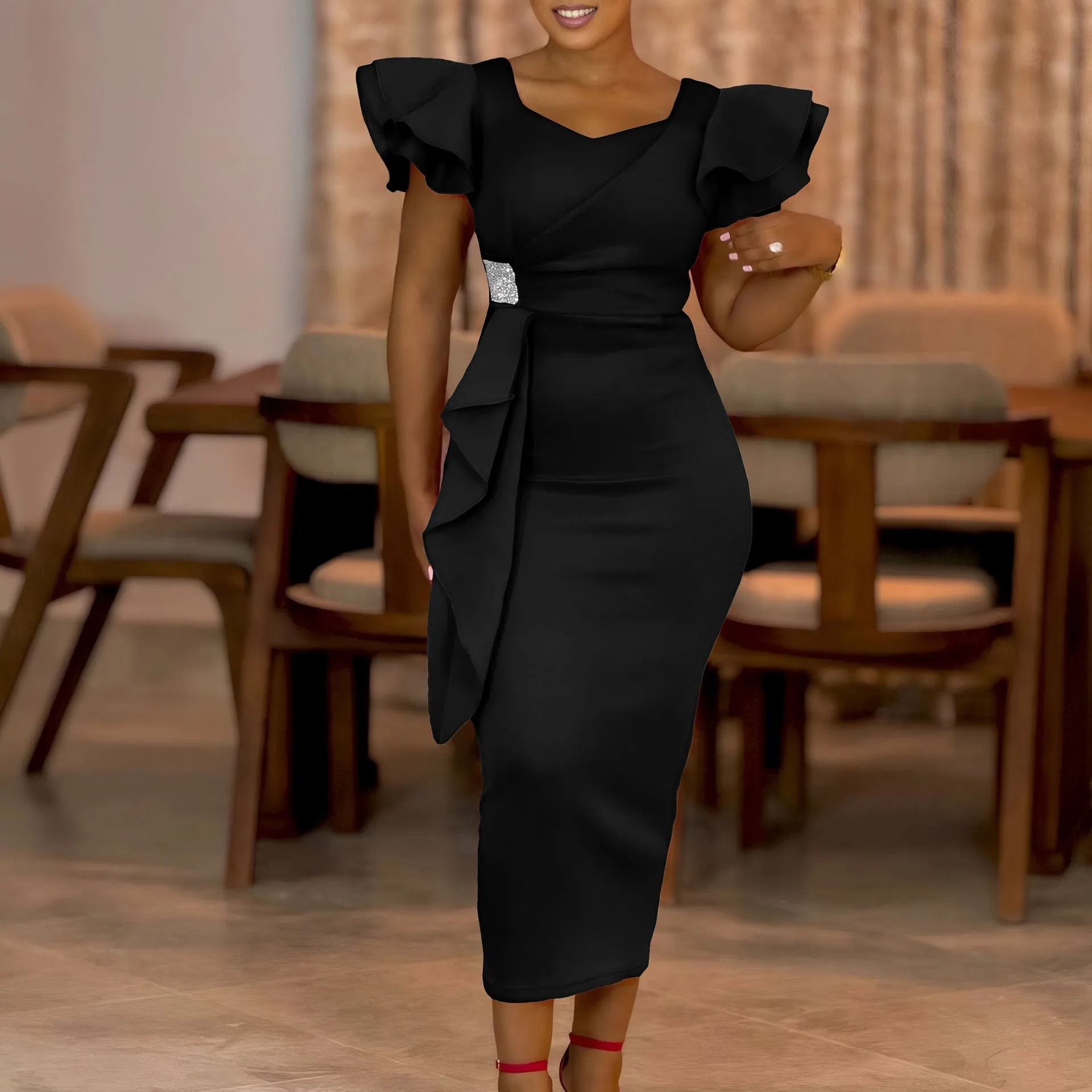 Sophisticated Ruffle Detail Bodycon Dress for Formal and Office Wear