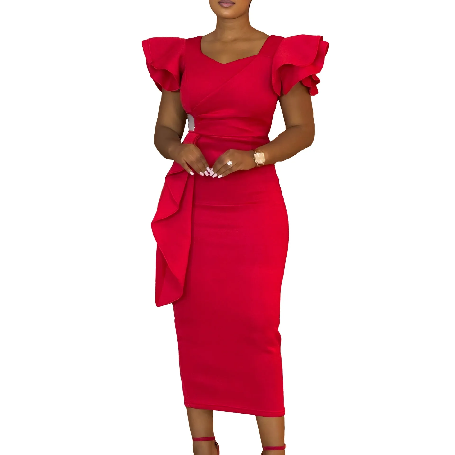 Sophisticated Ruffle Detail Bodycon Dress for Formal and Office Wear