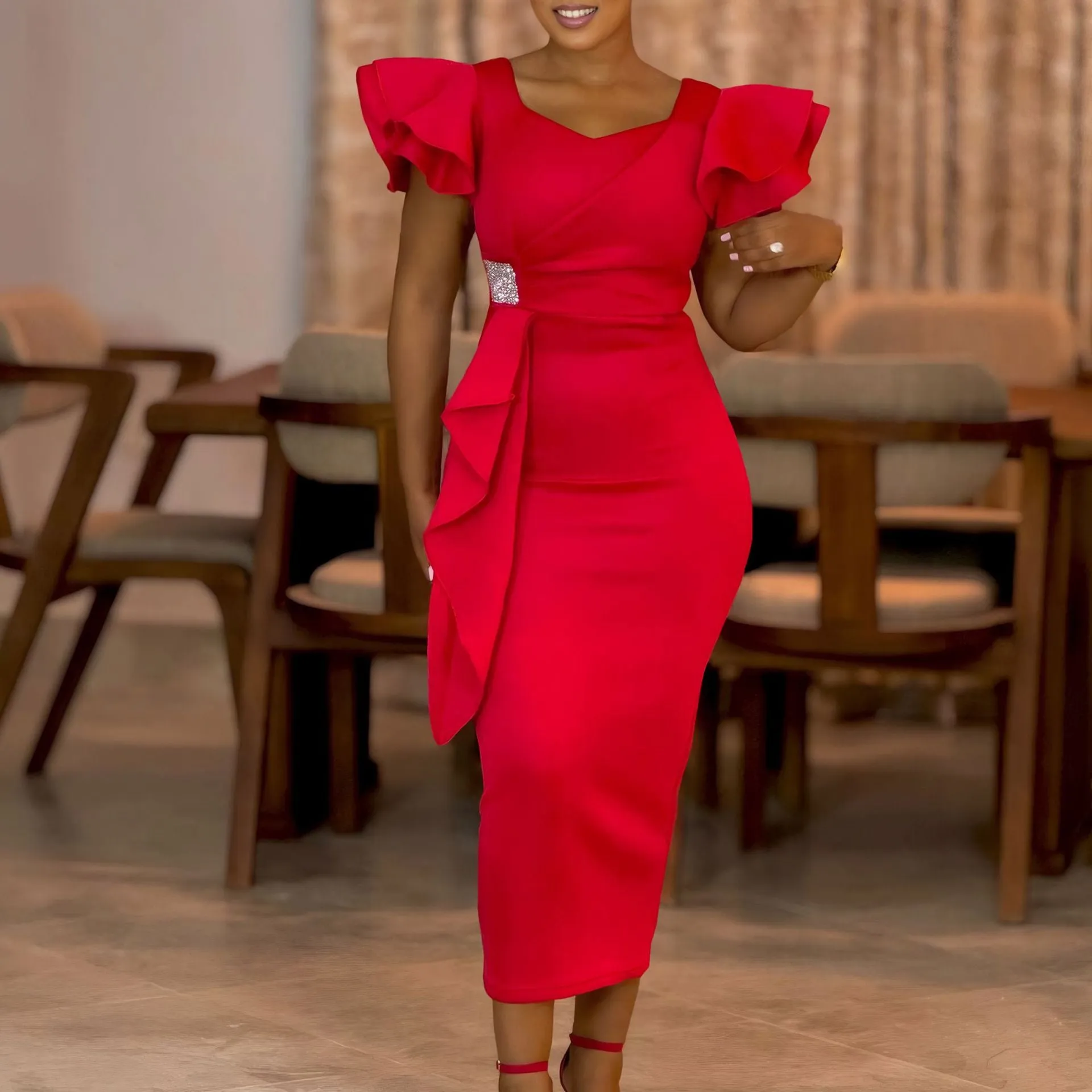 Sophisticated Ruffle Detail Bodycon Dress for Formal and Office Wear