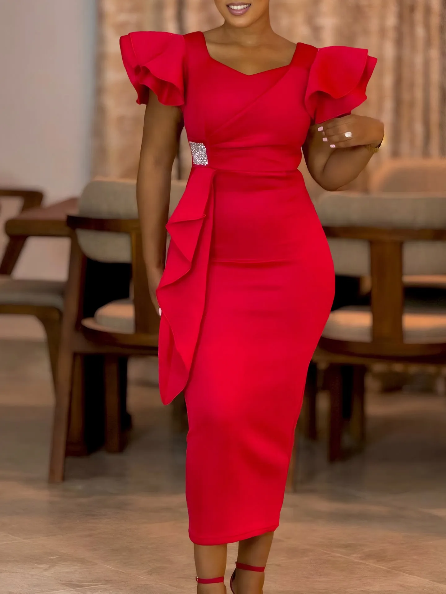 Sophisticated Ruffle Detail Bodycon Dress for Formal and Office Wear