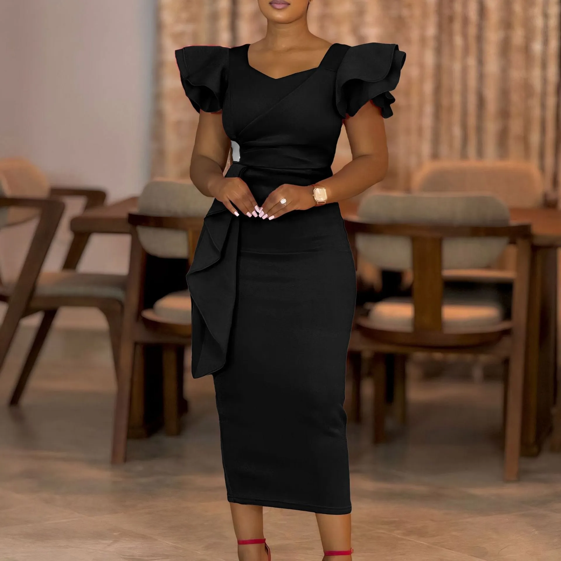 Sophisticated Ruffle Detail Bodycon Dress for Formal and Office Wear
