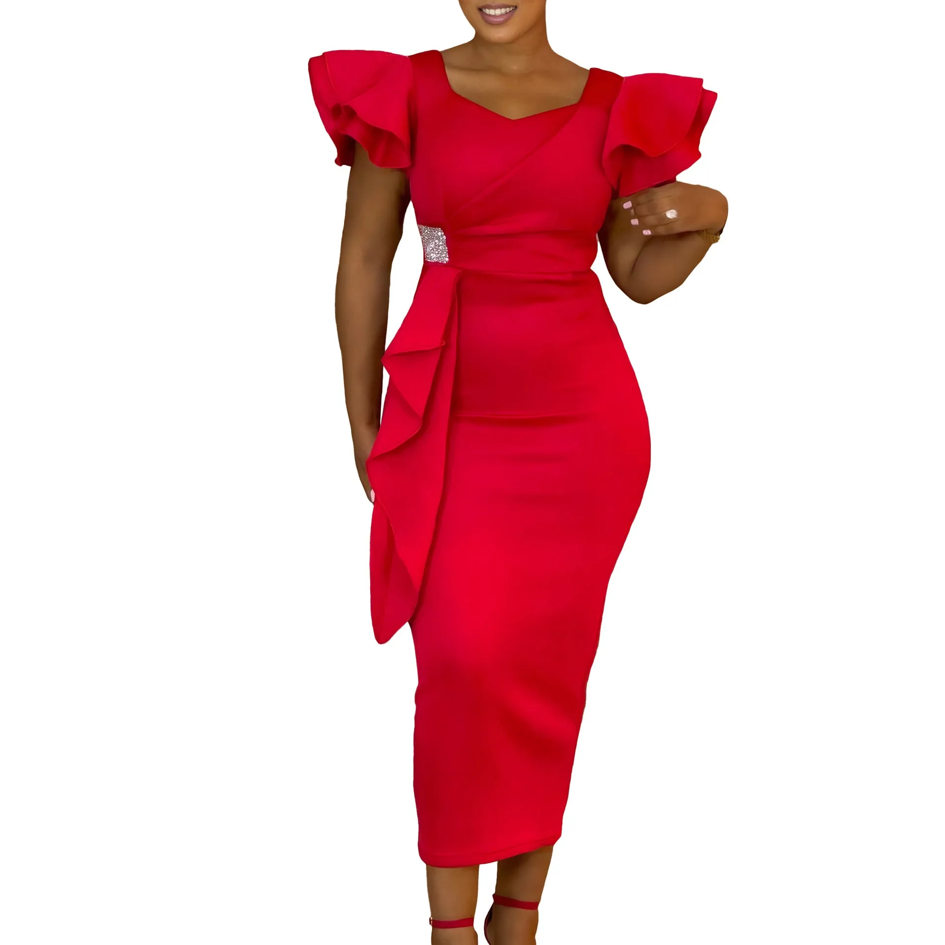 Sophisticated Ruffle Detail Bodycon Dress for Formal and Office Wear