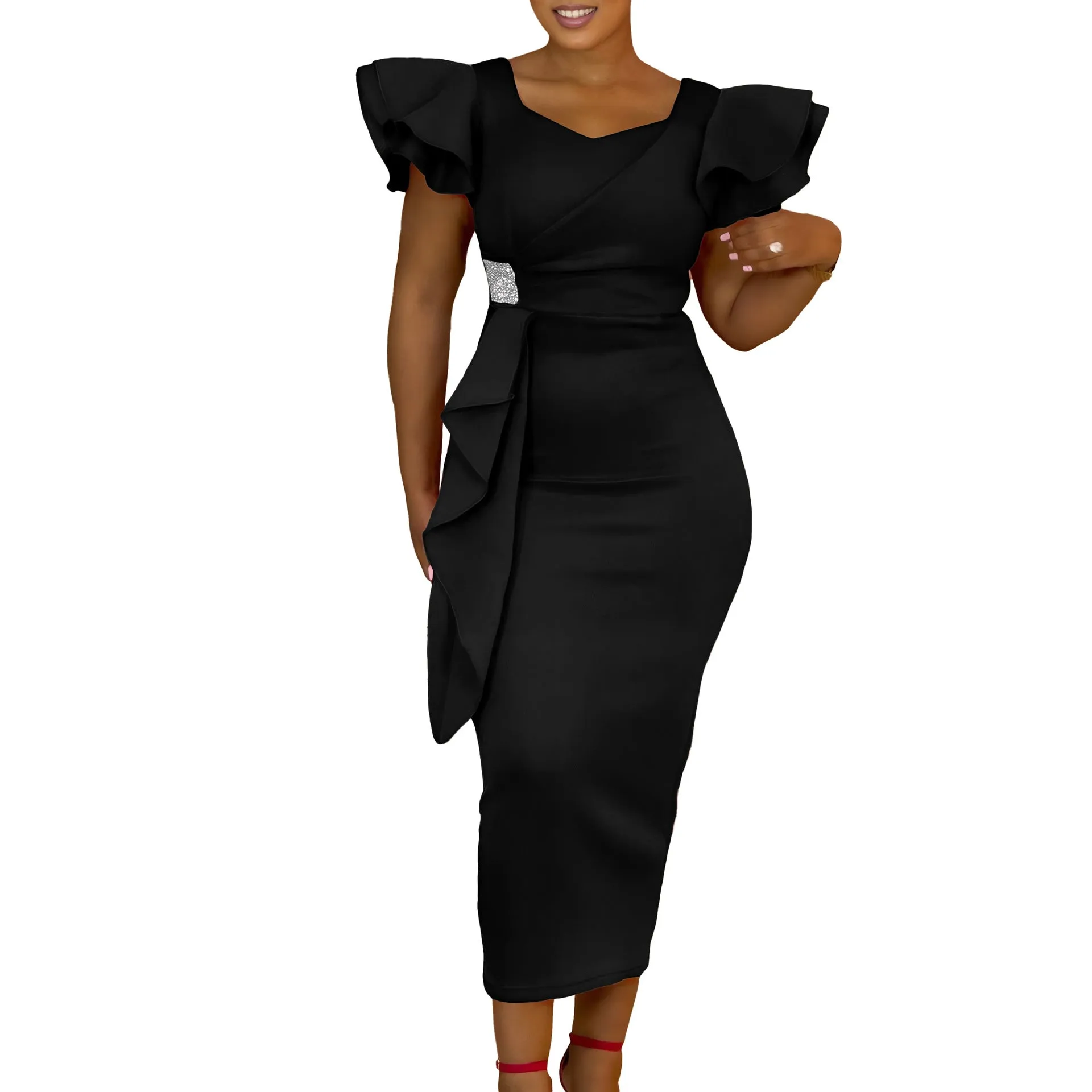 Sophisticated Ruffle Detail Bodycon Dress for Formal and Office Wear