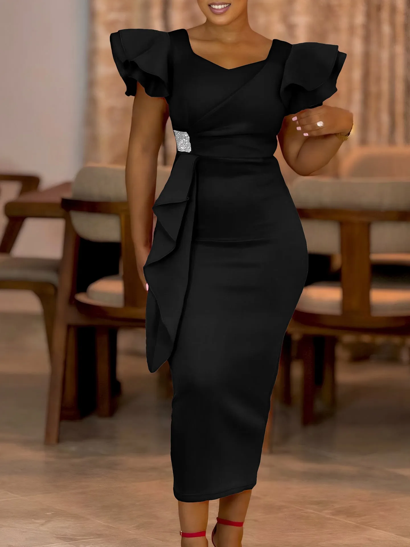 Sophisticated Ruffle Detail Bodycon Dress for Formal and Office Wear
