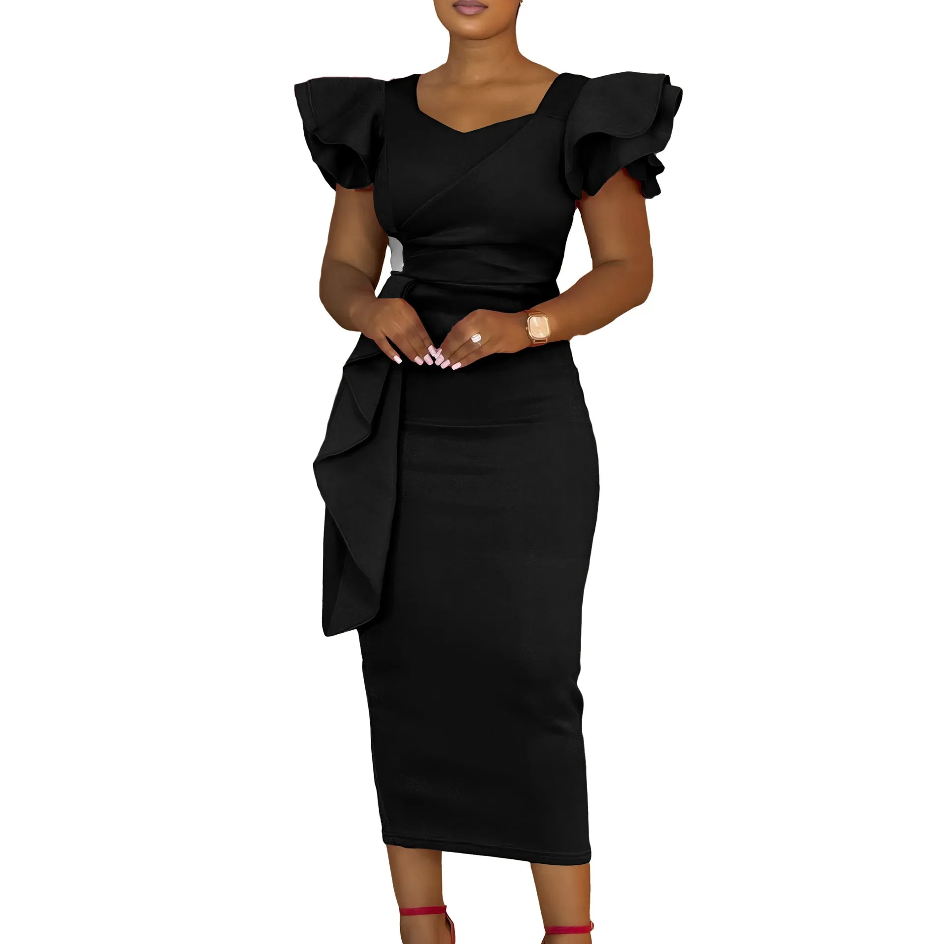 Sophisticated Ruffle Detail Bodycon Dress for Formal and Office Wear