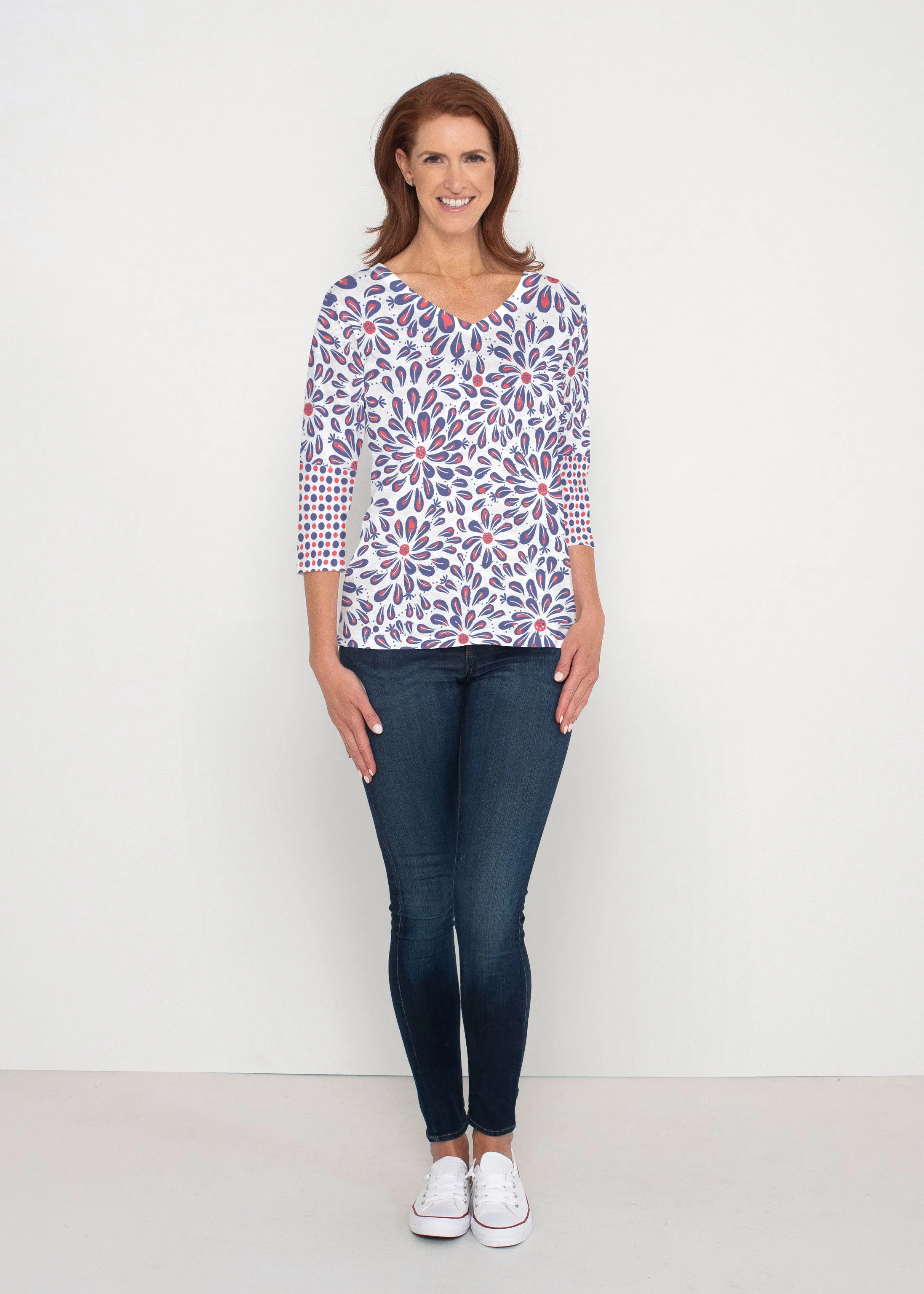 Splashy Dots Fourth (8007) ~ Signature 3/4 Sleeve V-Neck Top