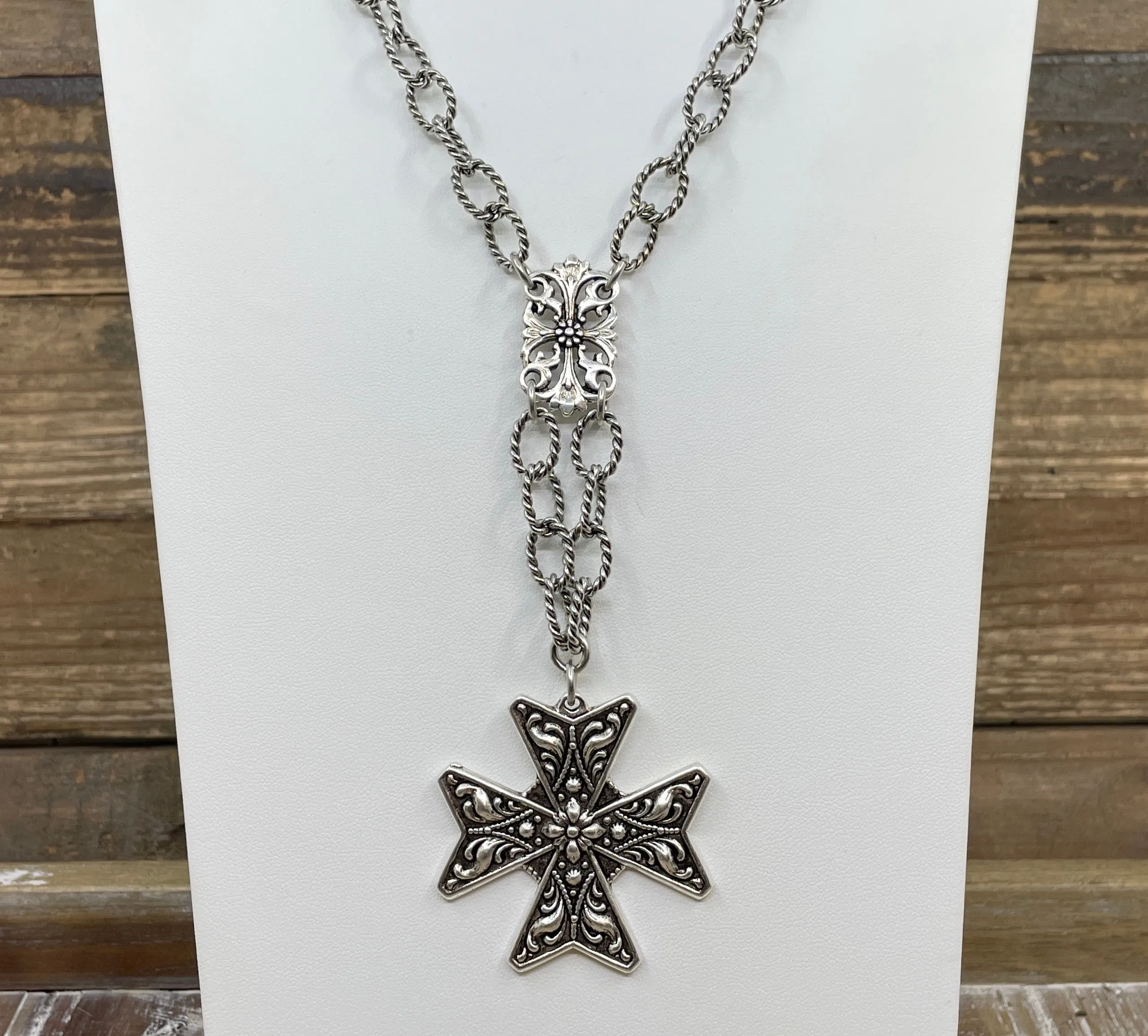 Sterling Plated 36" Chain with Vintage Cross Pendant