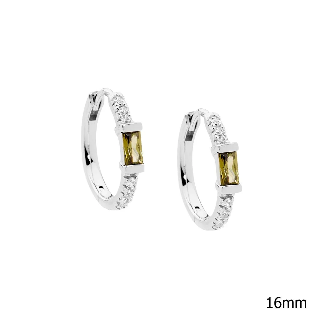 Sterling Silver Cubic Zirconia Hoop Earrings with a Peridot Baguette Cubic Zirconia 16mm E572PE