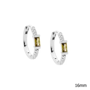 Sterling Silver Cubic Zirconia Hoop Earrings with a Peridot Baguette Cubic Zirconia 16mm E572PE