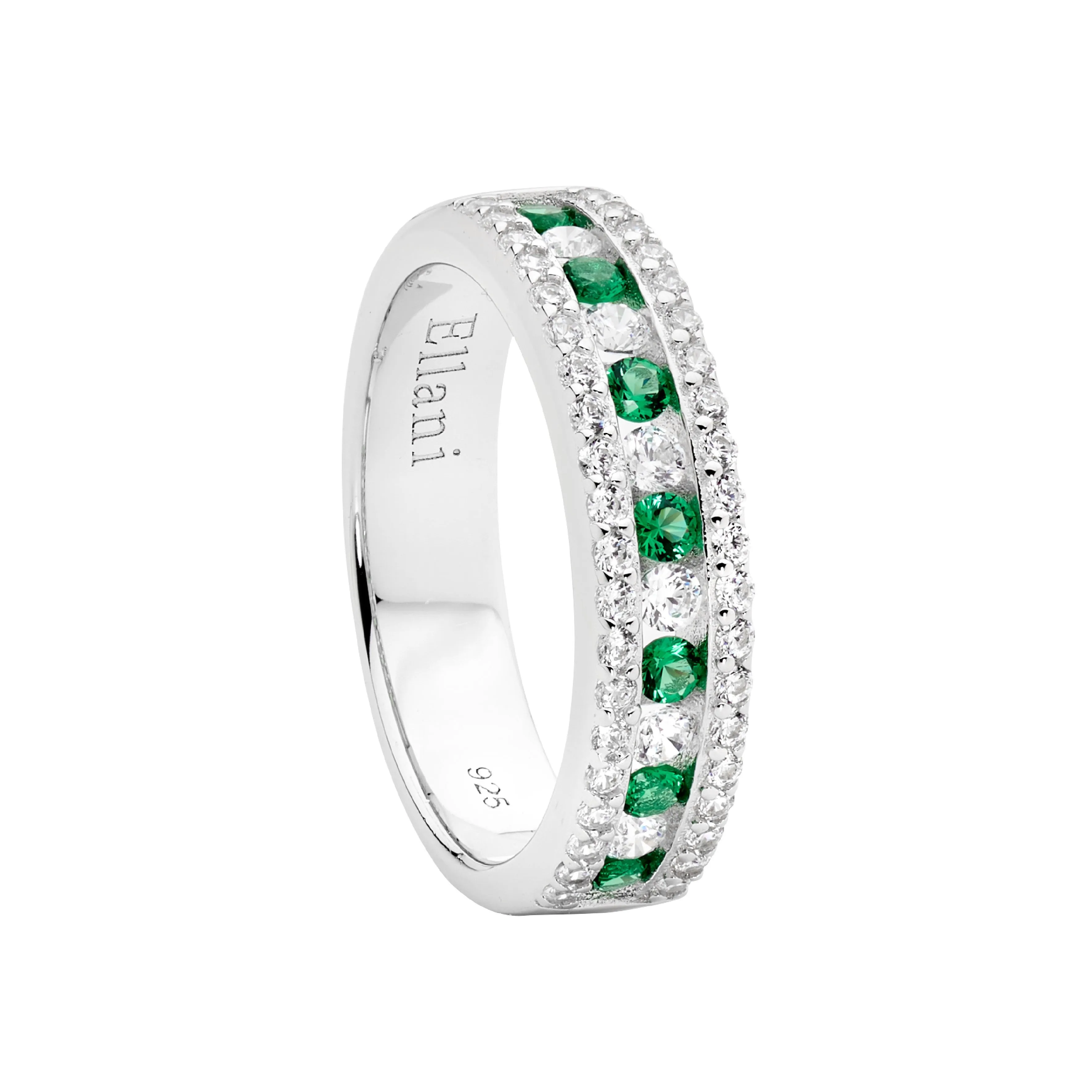Sterling Silver Ring with Channel Set Green and White Cubic Zirconia R518GN