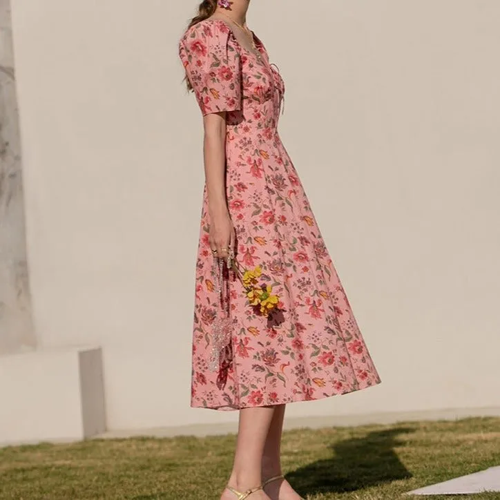 Summer French over-the-knee floral puff-sleeve open-back square-neck dress