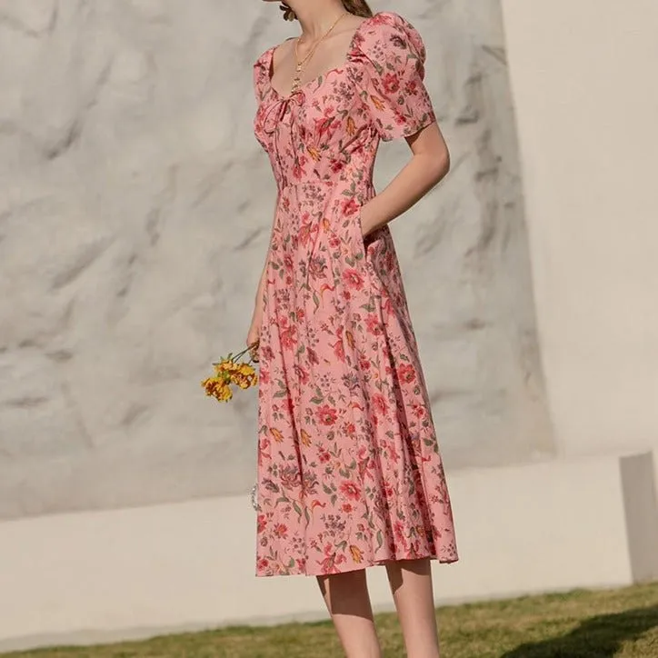 Summer French over-the-knee floral puff-sleeve open-back square-neck dress