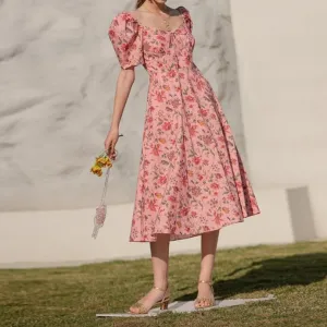 Summer French over-the-knee floral puff-sleeve open-back square-neck dress