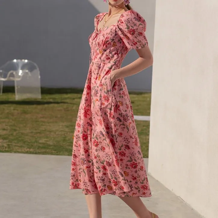 Summer French over-the-knee floral puff-sleeve open-back square-neck dress