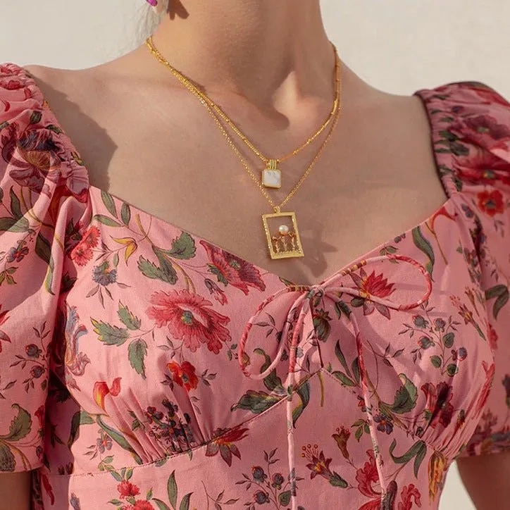 Summer French over-the-knee floral puff-sleeve open-back square-neck dress