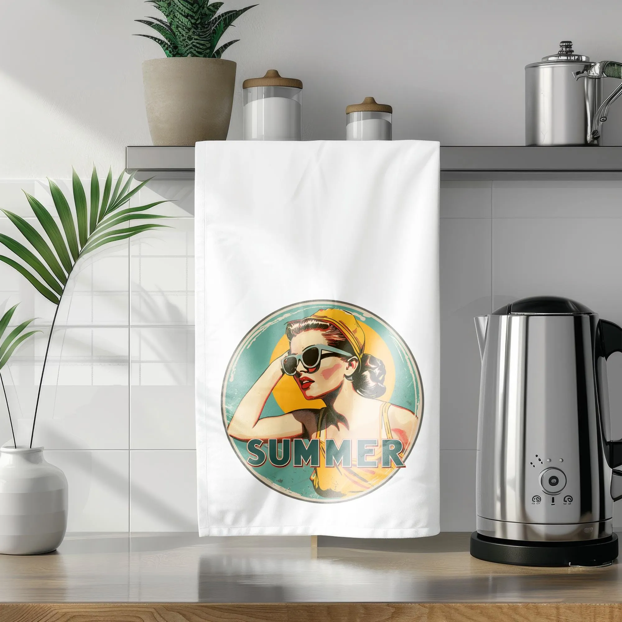 Summer Pin Up Girl in Yellow Swimsuit Tea Towel | Retro Kitchen Decor & Beach House Gift