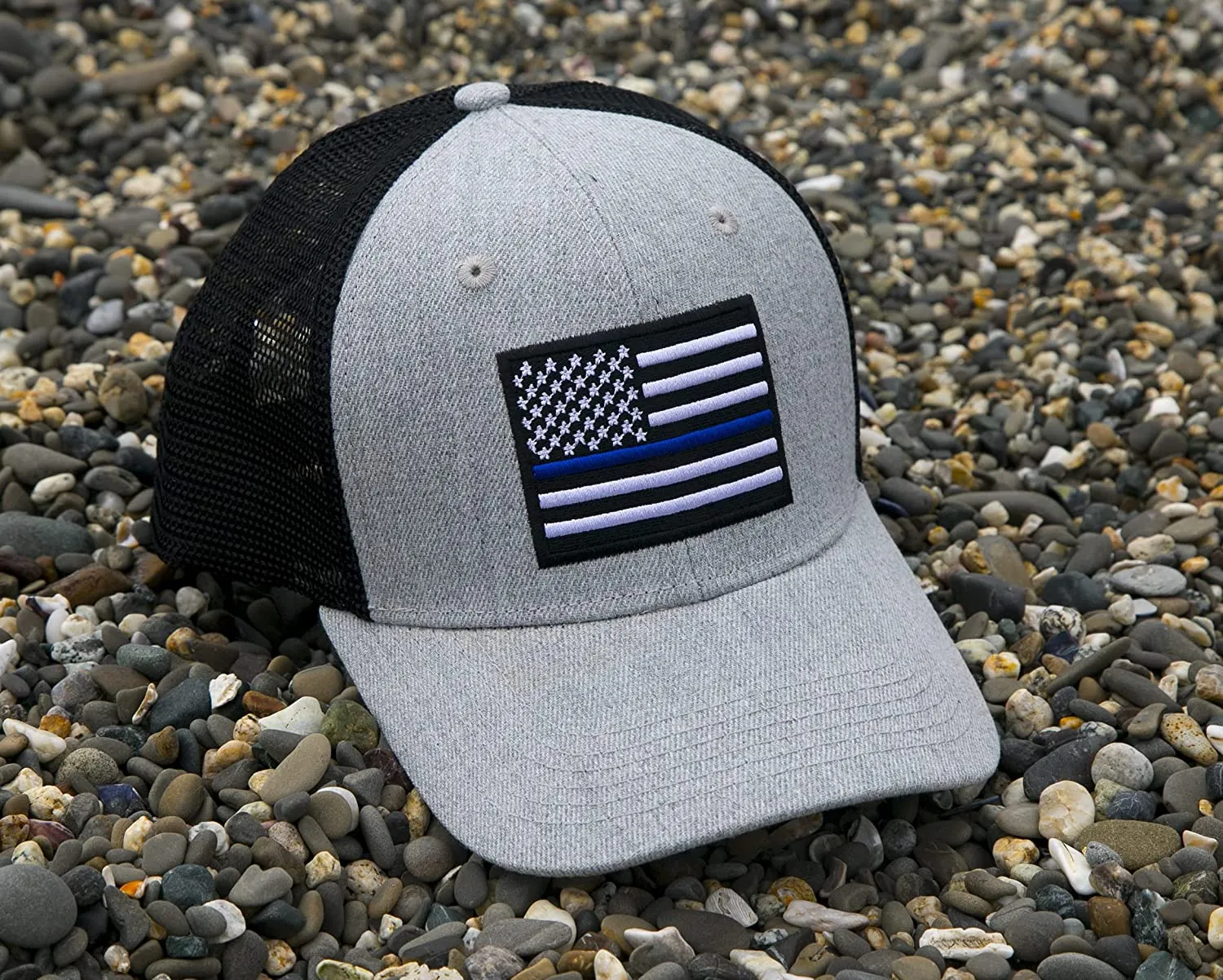 Thin Blue Line Flag Trucker Baseball Snapback Hat (Grey Black) - International Tie