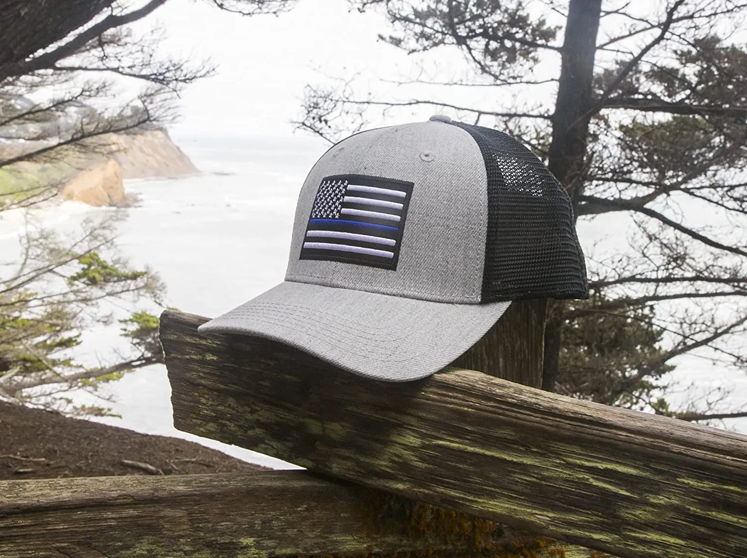 Thin Blue Line Flag Trucker Baseball Snapback Hat (Grey Black) - International Tie