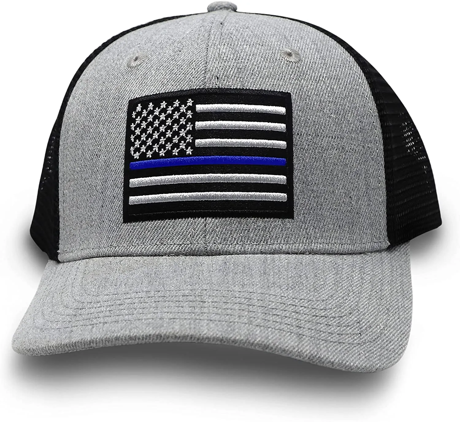 Thin Blue Line Flag Trucker Baseball Snapback Hat (Grey Black) - International Tie