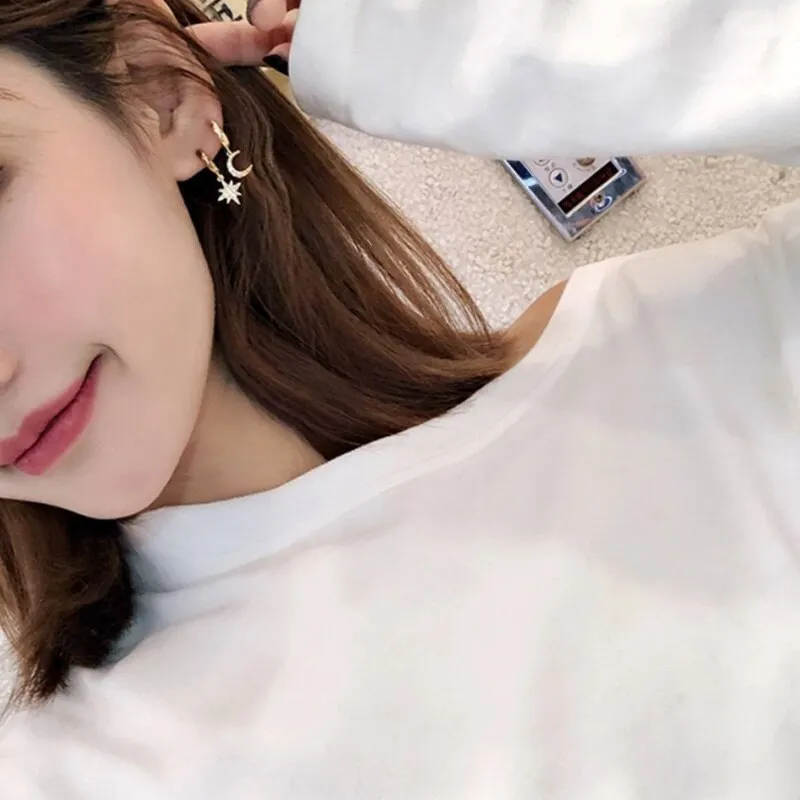 Trendy Gold Color 316L Stainless Steel Zircon Crystal Star Moon Pattern Earrings for Women Simple Jewelry Gift New