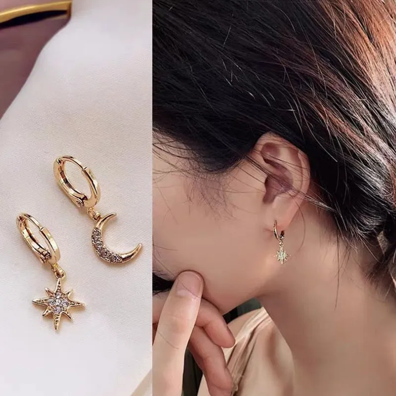 Trendy Gold Color 316L Stainless Steel Zircon Crystal Star Moon Pattern Earrings for Women Simple Jewelry Gift New