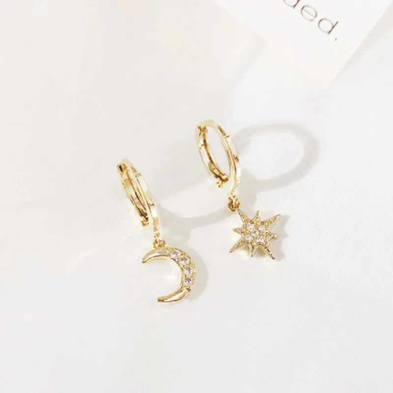 Trendy Gold Color 316L Stainless Steel Zircon Crystal Star Moon Pattern Earrings for Women Simple Jewelry Gift New