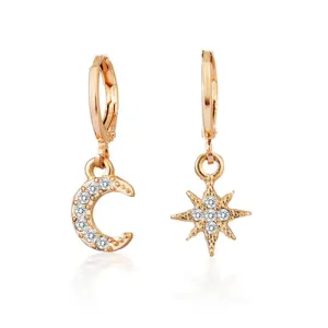 Trendy Gold Color 316L Stainless Steel Zircon Crystal Star Moon Pattern Earrings for Women Simple Jewelry Gift New