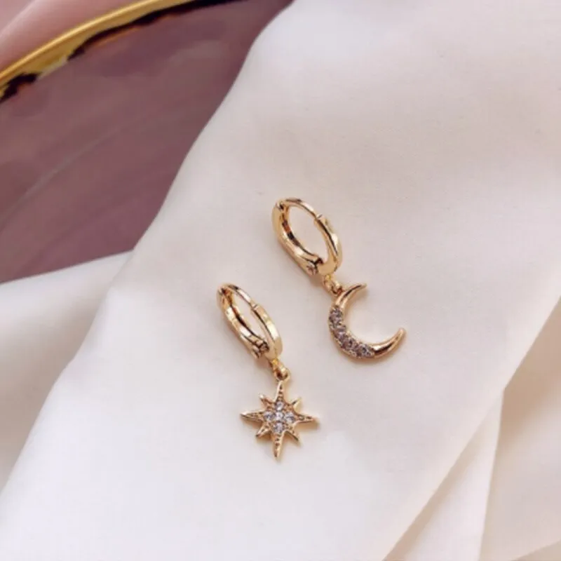 Trendy Gold Color 316L Stainless Steel Zircon Crystal Star Moon Pattern Earrings for Women Simple Jewelry Gift New
