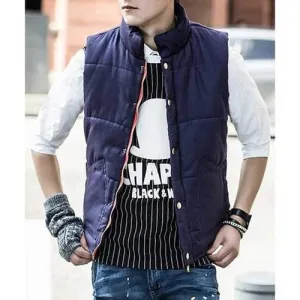 Trendy Stand Collar Large Pocket Zipper Design Slimming Sleeveless Polyester Thicken Waistcoat For Men - Purplish Blue 2xl