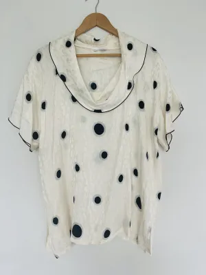 UNBRANDED Ivory Spot Black Blouse Sz 1 Cowl Neck Flowy Pullover Short Sleeve