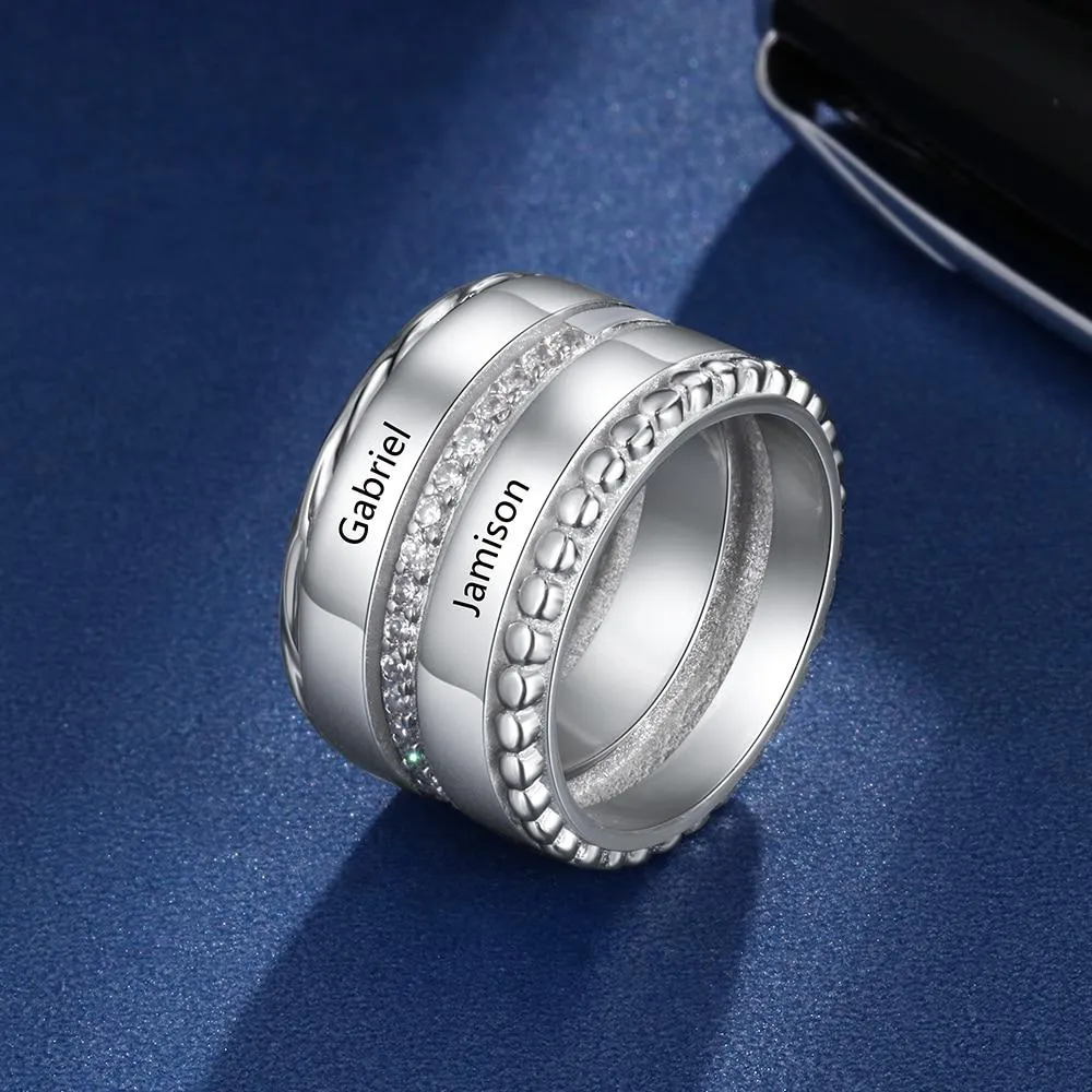 Unisex Personalized Double Top Rings, Engrave Two Custom Name, Trendy Wedding Bands