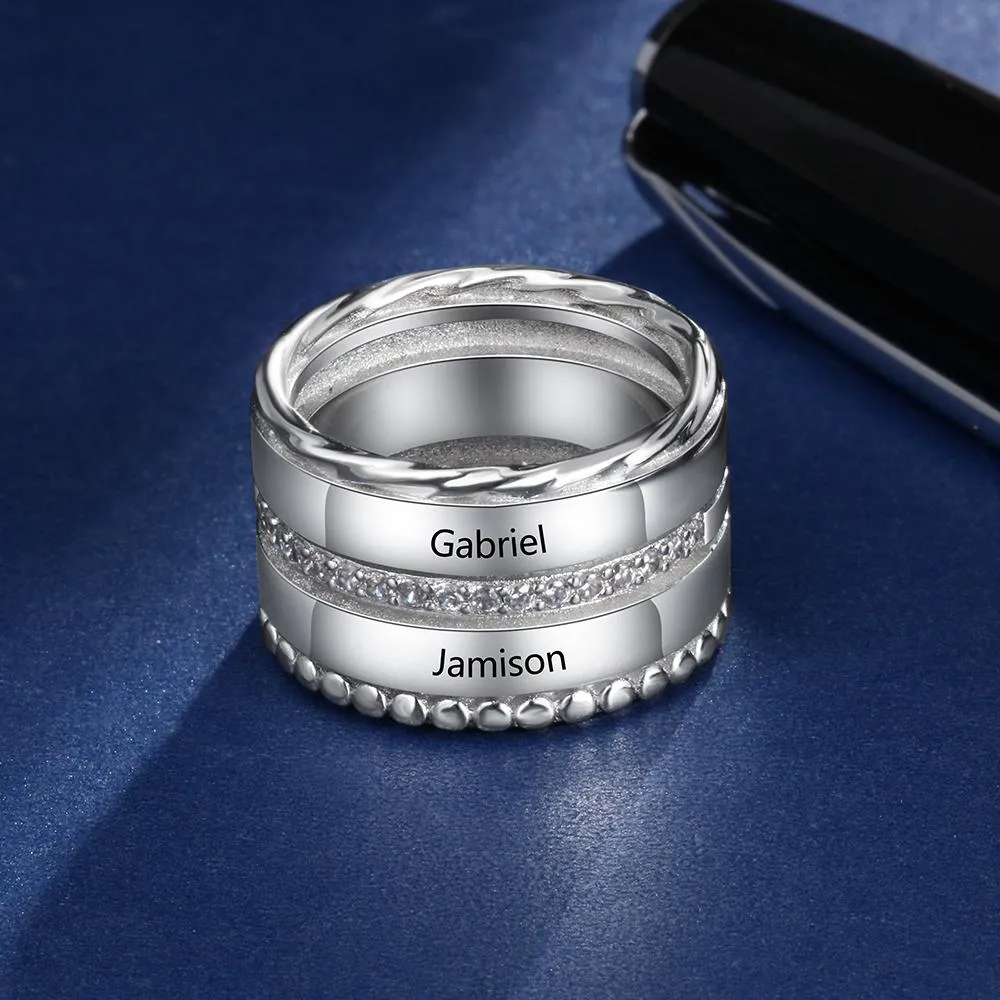 Unisex Personalized Double Top Rings, Engrave Two Custom Name, Trendy Wedding Bands